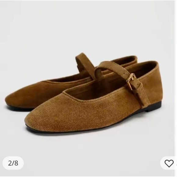 ZARA Women’s Suede Mary Jane Flats Brown Tan Ballet Shoes Size 40 Buckle Strap - Picture 1 of 14